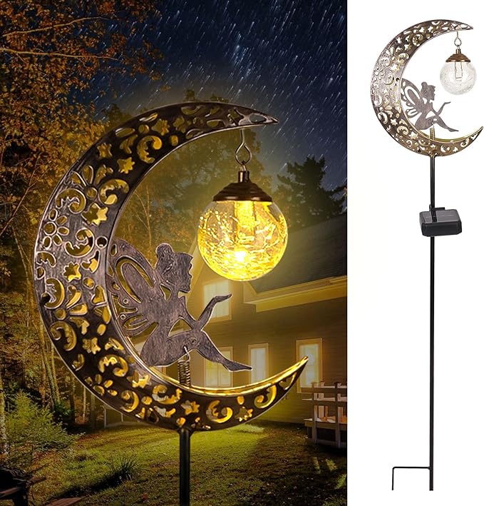 Solar Garden Lights Outdoor Decor, Moon Fairy Crackle Glass Lights, Waterproof by QOCNAM