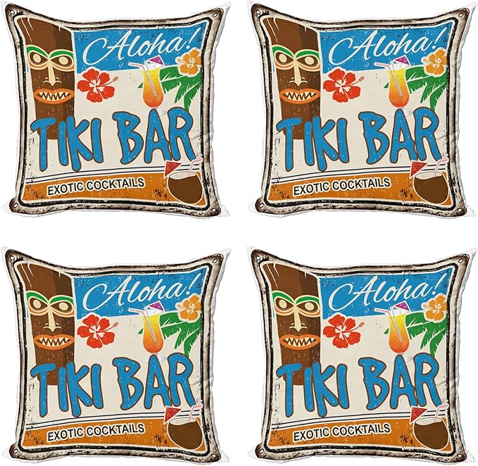 Ambesonne Tiki Bar Decorative Throw Pillow Case Pack of 4, Rusty Vintage Sign by Ambesonne