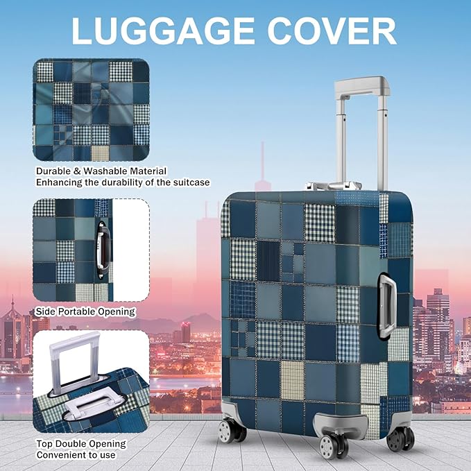ANNA QUEEN Blue Patchwork Luggage Cover, Modern Grid Suitcase Protector - Image 2