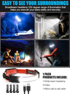 LED Headlamp Flashlight 6Packs, 1000L 230° Broadbeam Headlight, USB - Image 7