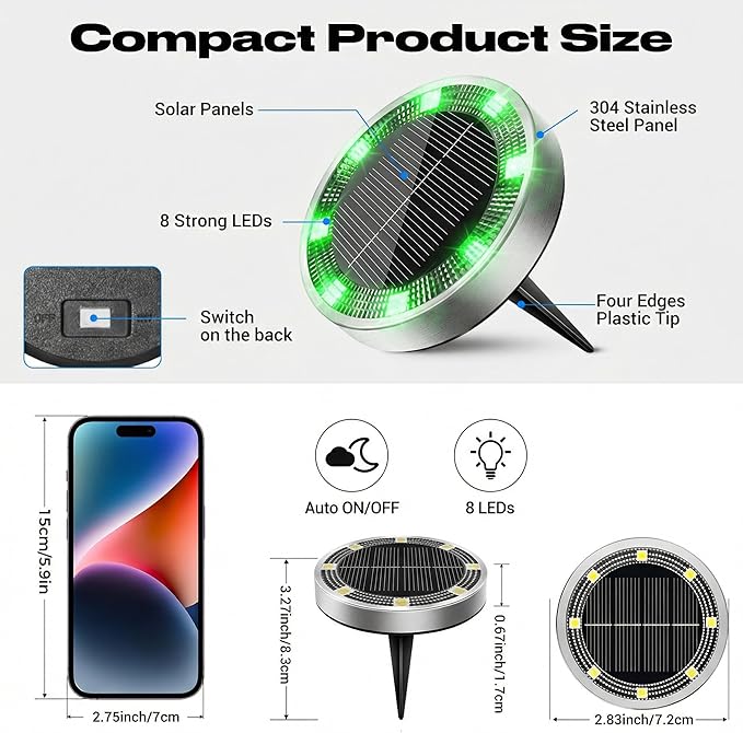 Peasur Mini Solar Ground Lights Outdoor, 8 Pack Flat Solar Powered Disc Lights - Image 5
