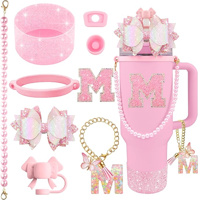 9PCS Pink for Stanley Cup Accessories Set Bling Initials Bow Charms for Stanley by Unknown