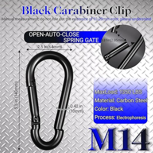 12 Pack 5.5" Heavy Duty Carabiner Clips, M14 Black Galvanized Steel Spring Snap - Image 2