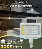 NUWATT 15W LED Flood Light, 3CCT 3000K/4000K/5000K Selectable, IP65 Waterproof - Image 4