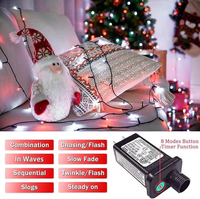 JMEXSUSS 66ft 200 LED Red and White Christmas Lights, Outdoor String Plug-in - Image 3
