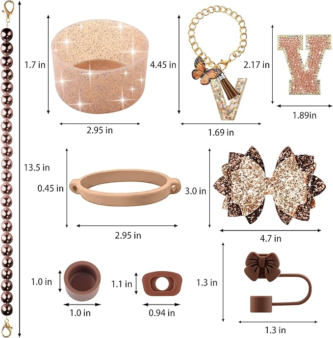 9PCS Brown for Stanley Cup Accessories Set Bling Initials Bow Charms for - Image 3