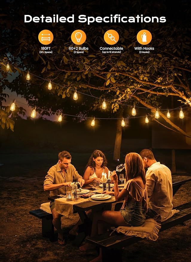 Brightown Outdoor String Lights, 180FT 60+2 LED ST38 LED Patio Lights - Image 2