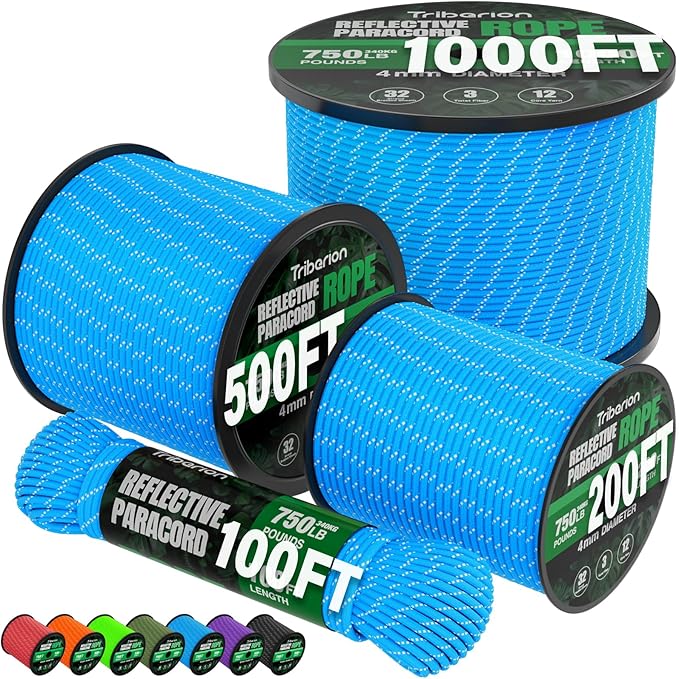 Reflective Paracord Rope 750 lb - 200ft 5/32" Parachute Cord 4MM 12-Strand para by Triberion