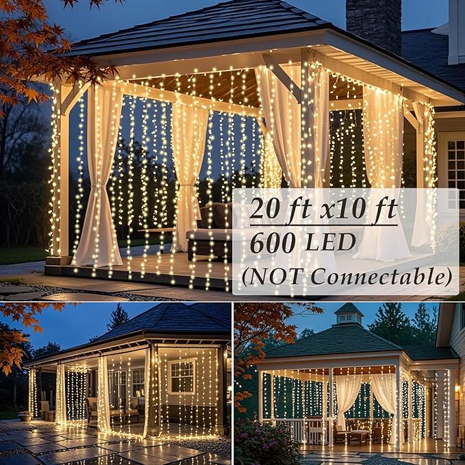 Solhice LED Curtain Lights Outdoor 20ft x10ft, 600 LED Plug in Hanging String - Image 2