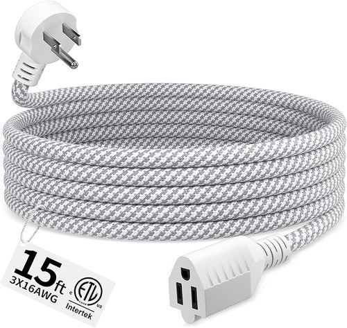16 Gauge Braided Extension Cord 15 FT, 16/3 Flat Plug Power Cord Indoor by Seeklyze