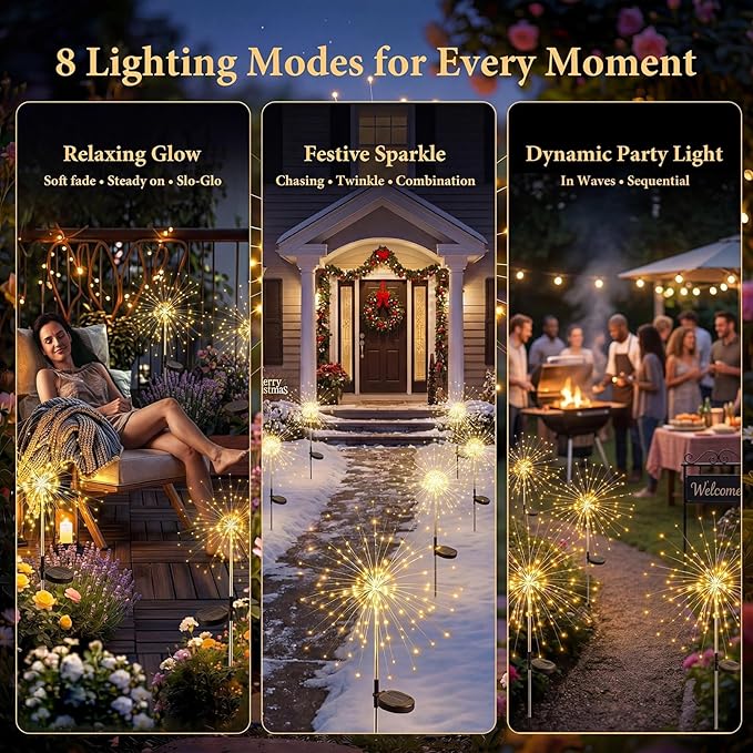 Solar Firework Lights, 6 Pack 120 LEDs 8 Lighting Modes Twinkle Solar Garden - Image 3