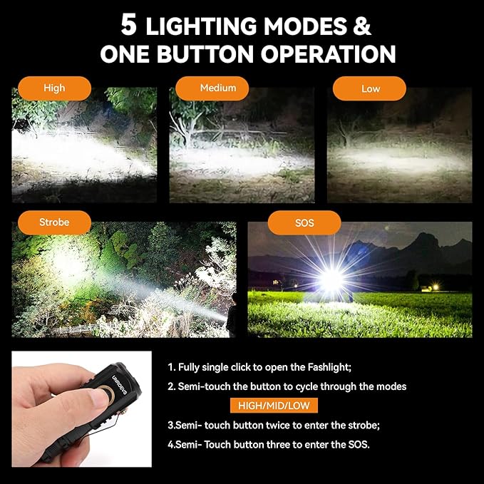 UNROEVS Mini Flashlight 2550 Lumens Rechargeable USB C Charging, Small High - Image 3