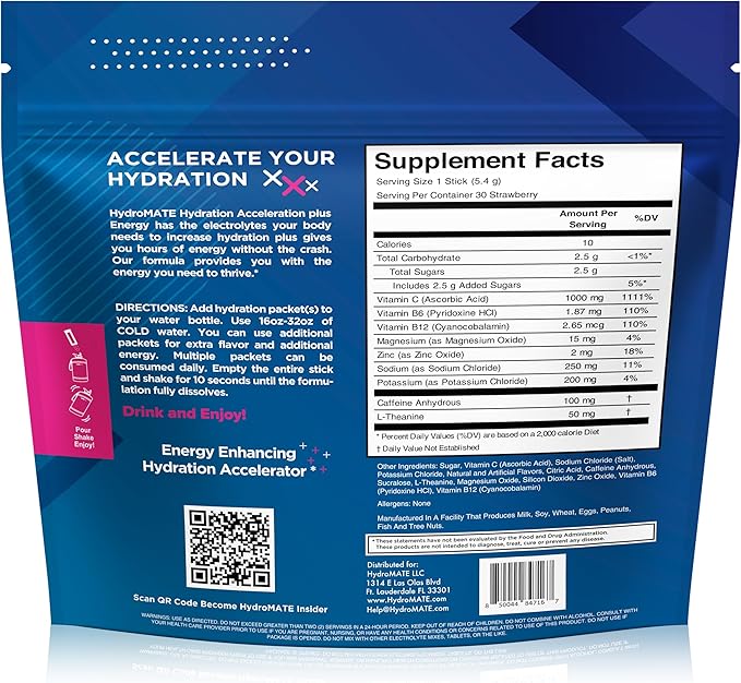 HydroMATE Electrolytes Powder Drink Mix Packets Hydration Accelerator Low Sugar - Image 3