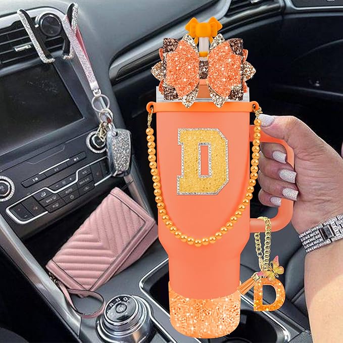 9PCS Orange for Stanley Cup Accessories Set Bling Initials Bow Charms for - Image 6