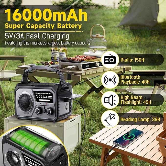 59200mWh Emergency Radio - 16000mAh Portable Solar Hand Crank NOAA/AM/FM - Image 2