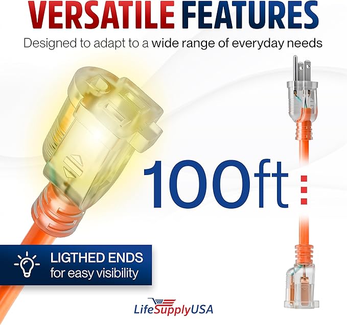 100ft Outdoor/Indoor Extension Cord 14/3 Gauge Heavy Duty 3 Prong SJTW - Image 6