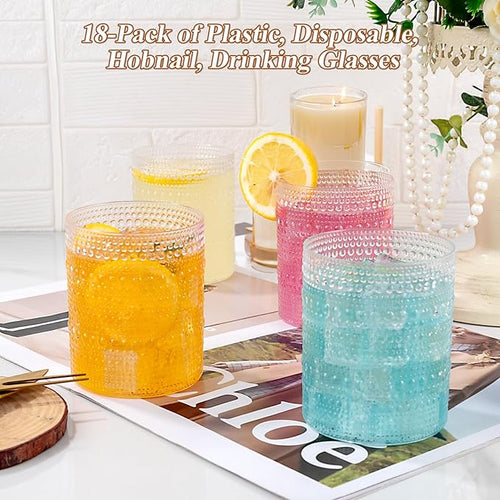 18PCS Plastic Hobnail Drinking Glasses - 14 Oz Clear Vintage Glasses Mixed - Image 2