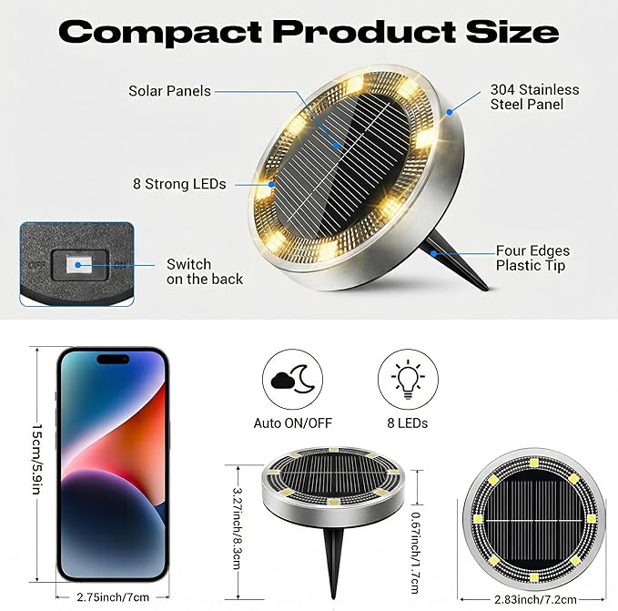 Peasur Solar Ground Lights Outdoor, 8 Pack Flat Solar Powered Disc Lights - Image 5