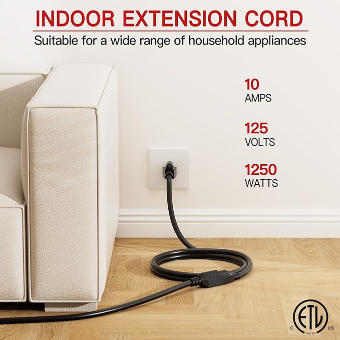 18/3 Indoor Extension Cord 10 FT, 3 Prong Power Cable, Suitable - Image 3