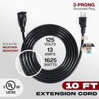 10ft Black Extension Cord, 16/3 SJTW Heavy-Duty, Weather-Resistant Power Strip - Image 2