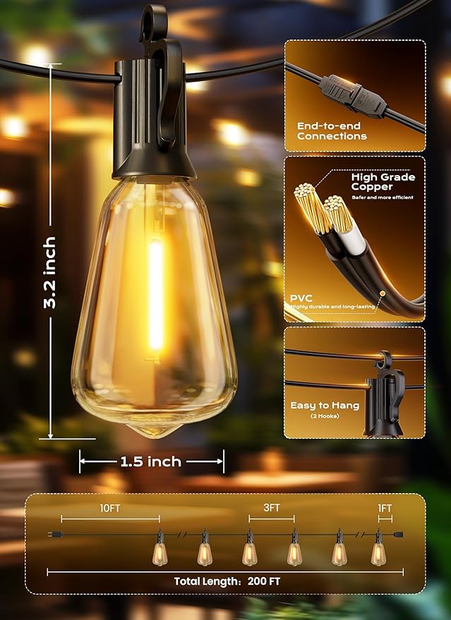 Brightown Outdoor String Lights, 200FT 64+2 LED ST38 LED Patio Lights - Image 7
