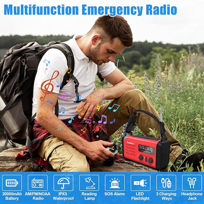 20000mAh Emergency Weather Radio, Solar Hand Crank Portable AM/FM/NOAA Radio - Image 9