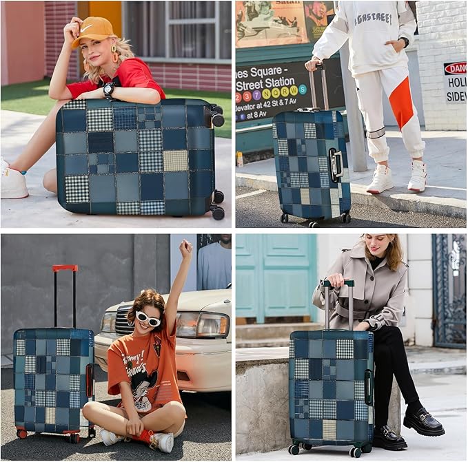 ANNA QUEEN Blue Patchwork Luggage Cover, Modern Grid Suitcase Protector - Image 6