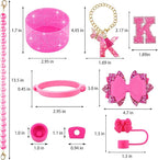 9PCS Hot Pink for Stanley Cup Accessories Set Bling Initials Bow Charms for - Image 3