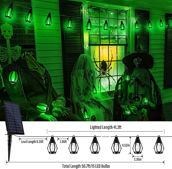 iBaycon Solar Halloween Lights, 42Ft 15 LED Bulbs Flickering Flame String Light - Image 3