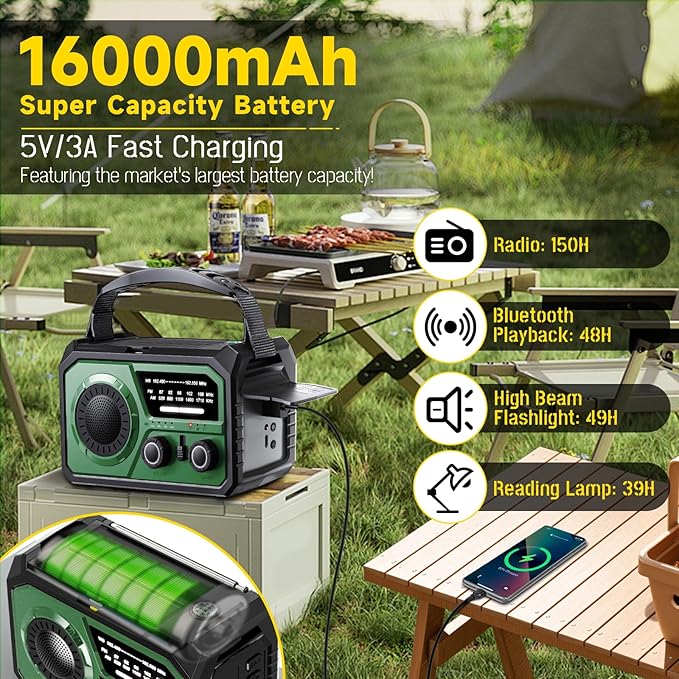 59200mWh Emergency Radio - 16000mAh Portable Solar Hand Crank NOAA/AM/FM - Image 2