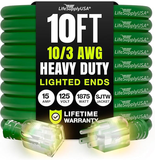 10ft Outdoor/Indoor Extension Cord 10/3 Gauge Ultra Heavy Duty 3 Prong SJTW by LifeSupplyUSA