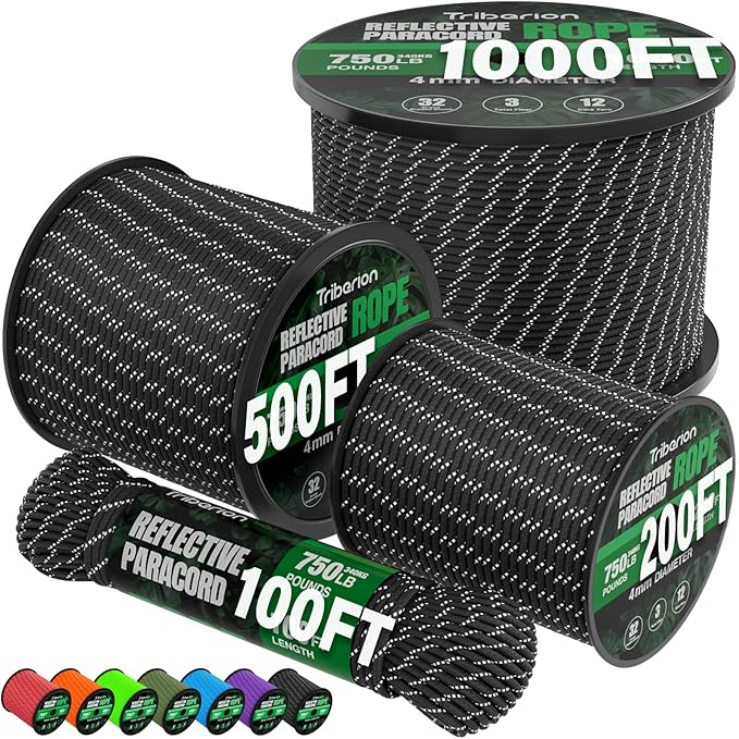Reflective Paracord Rope 750 lb - 200ft 5/32" Parachute Cord 4MM 12-Strand para by Triberion