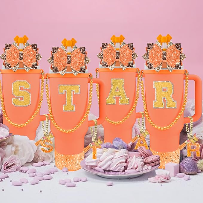 9PCS Orange for Stanley Cup Accessories Set Bling Initials Bow Charms for - Image 7