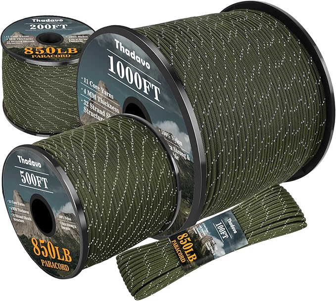 Reflective Parachute Rope 850Ib, 50/100/200/500/1000ft 4MM 11 Strand Paracord by Thadavo