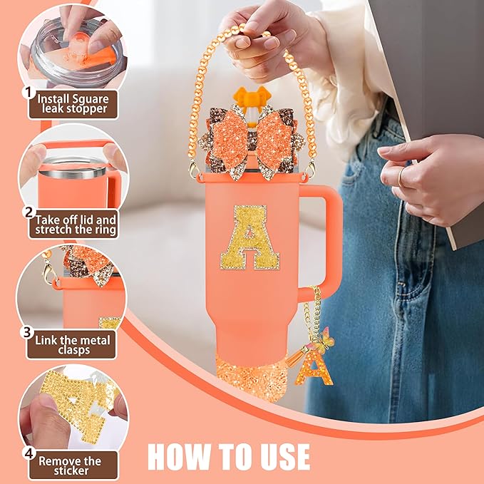 9PCS Orange for Stanley Cup Accessories Set Bling Initials Bow Charms for - Image 5