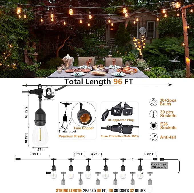 Achin Outdoor String Lights 96FT Waterproof IP65 LED Patio Lights - Image 2
