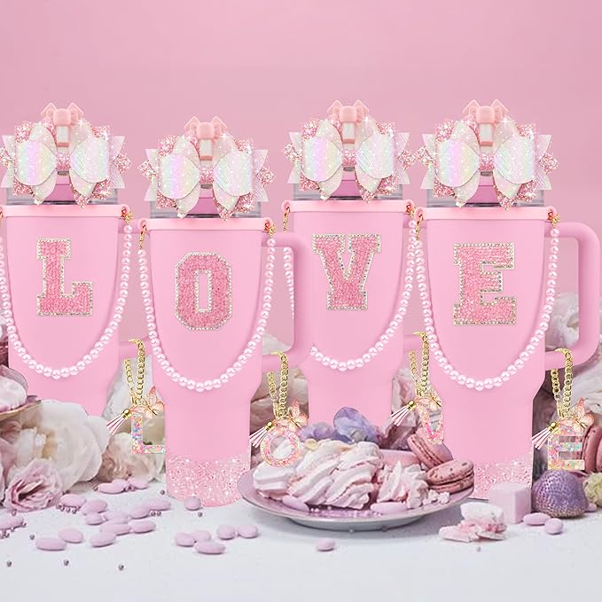 9PCS Pink for Stanley Cup Accessories Set Bling Initials Bow Charms for Stanley - Image 7