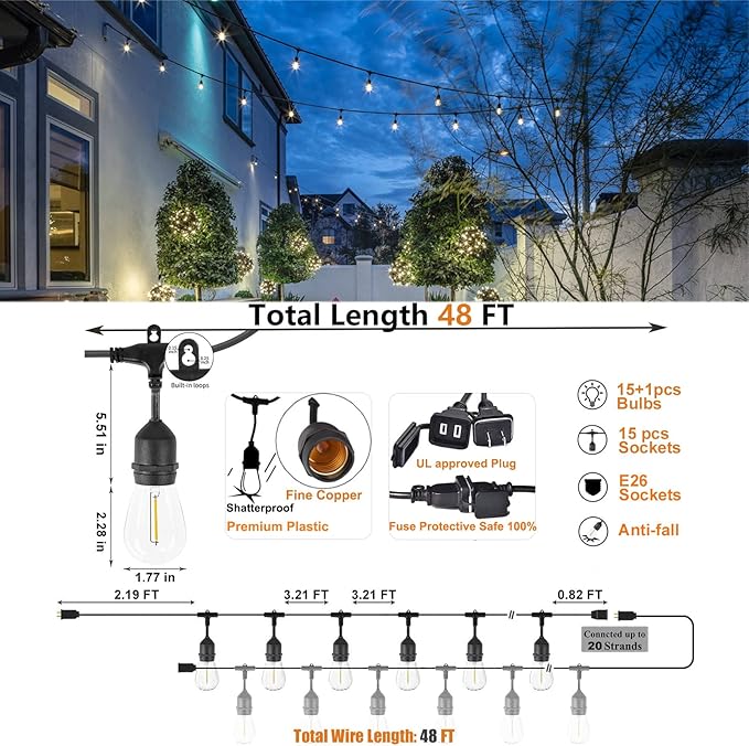 Achin Outdoor String Lights 48FT Dimmable Warm 2200K LED Patio Lights Outdoor - Image 2