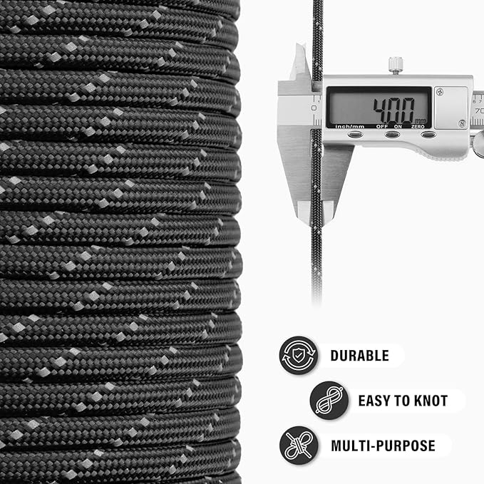 Reflective Paracord Rope 750 lb - 100ft 5/32" Parachute Cord 4MM 12-Strand para - Image 5