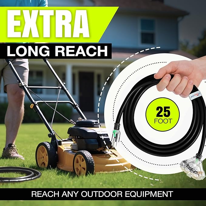 25ft Outdoor/Indoor Extension Cord 3-Outlet 12/3 Gauge Extra Heavy Duty 3 Prong - Image 6