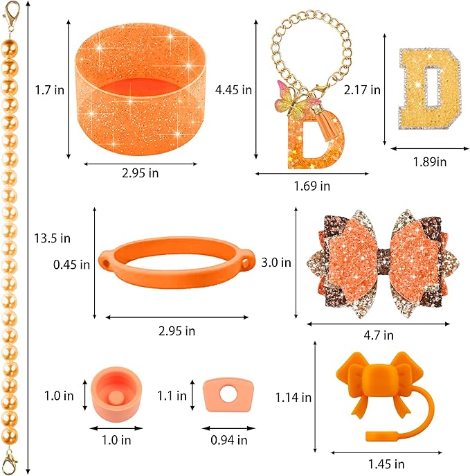 9PCS Orange for Stanley Cup Accessories Set Bling Initials Bow Charms for - Image 3
