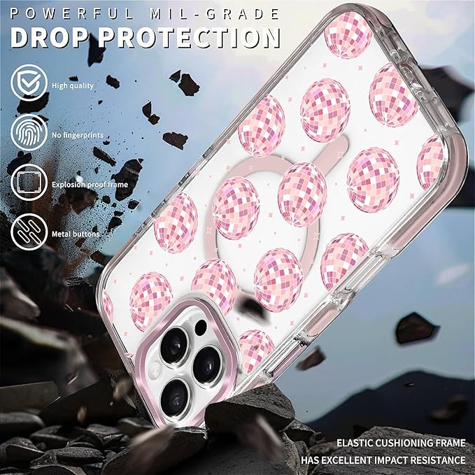 Case for iPhone 16 Pro Max, Disco Balls Pink Phone Case Design，for Women Girls - Image 5
