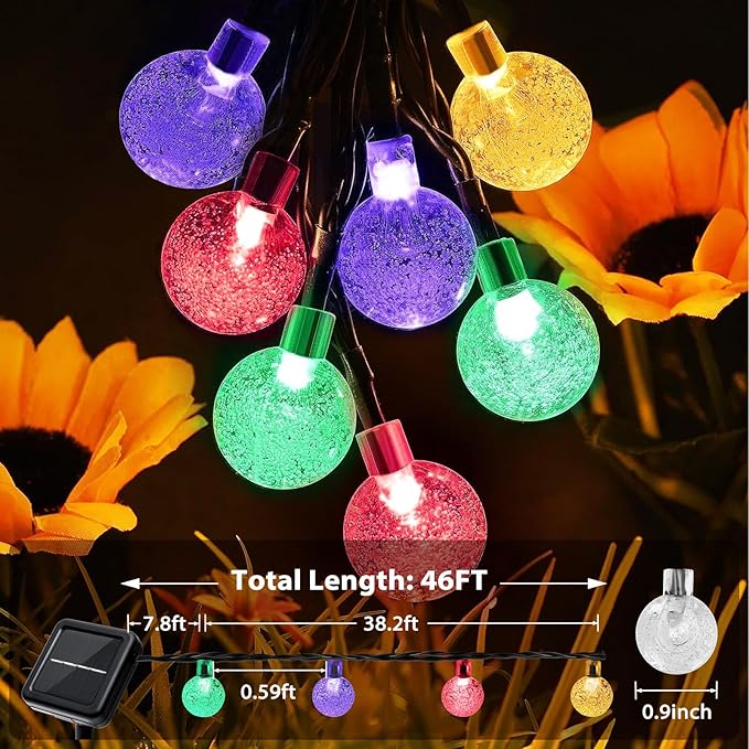Outdoor Solar String Lights, 46FT 66LED 8Modes Crystal Color Solar Powered - Image 2
