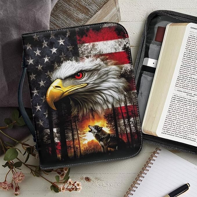 Small Bible Cover Case for Women Men American Flag Wolf Bald Eagle Print PU - Image 5