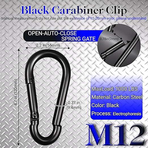 12 Pack 4.7" Heavy Duty Carabiner Clips, M12 Black Galvanized Steel Spring Snap - Image 2