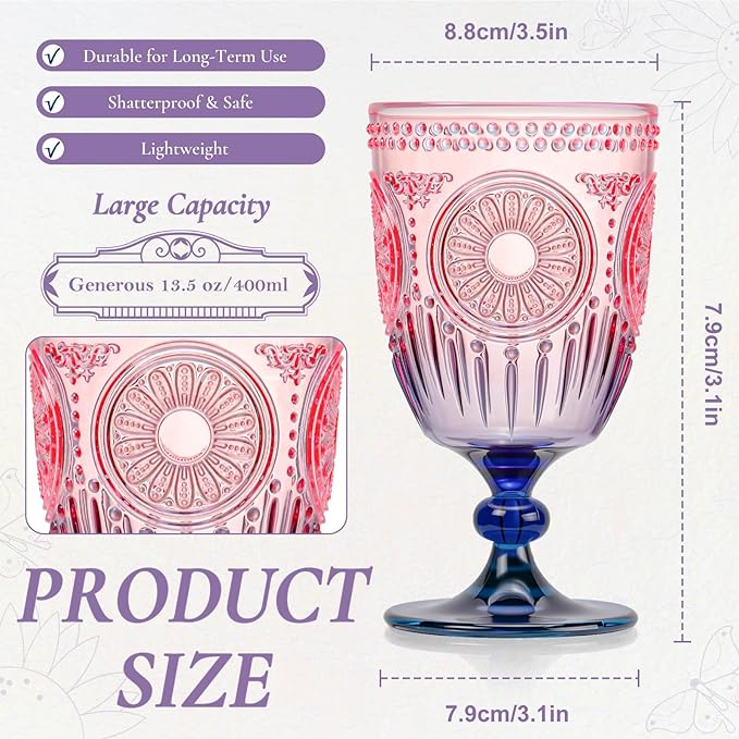 XUWAIDSGN 12Pcs Plastic Vintage Wine Glasses 13.5oz Reusable Embossed Goblet - Image 4