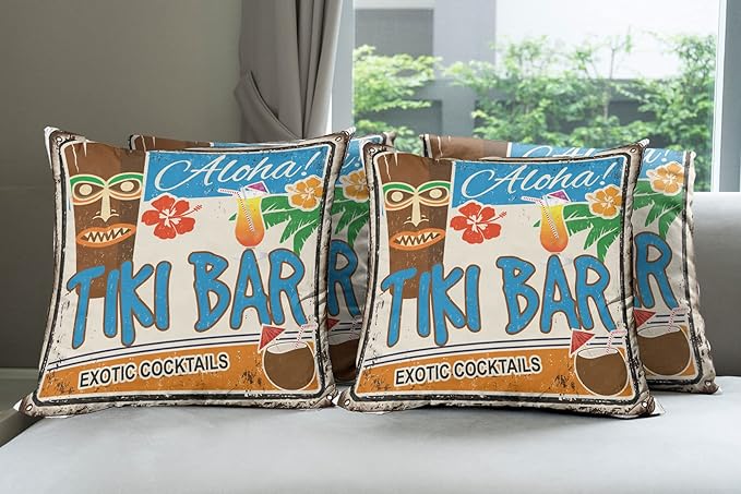Ambesonne Tiki Bar Decorative Throw Pillow Case Pack of 4, Rusty Vintage Sign by Ambesonne
