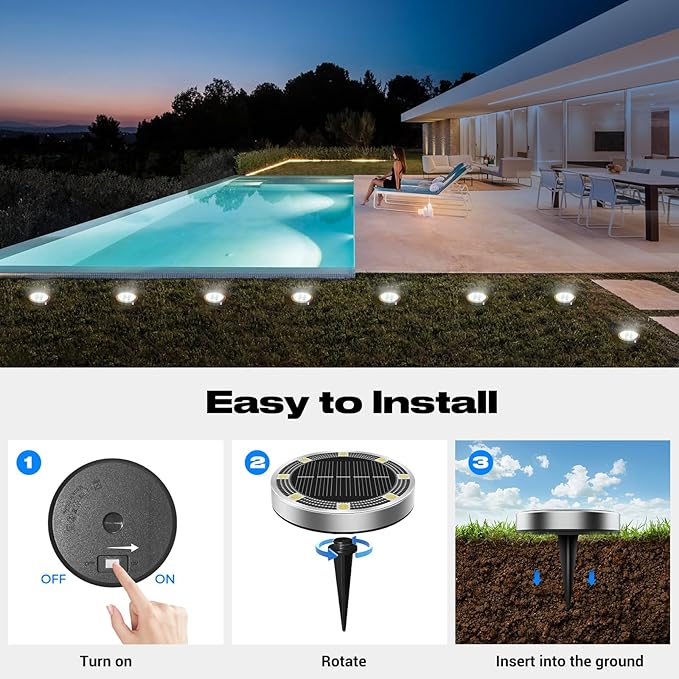 Peasur Solar Ground Lights Outdoor, 8 Pack Flat Solar Powered Disc Lights - Image 4