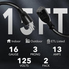 BN-LINK 15ft Indoor Outdoor Extension Cord 16/3 SJTW, 2 Pack, Weather Resistant - Image 2
