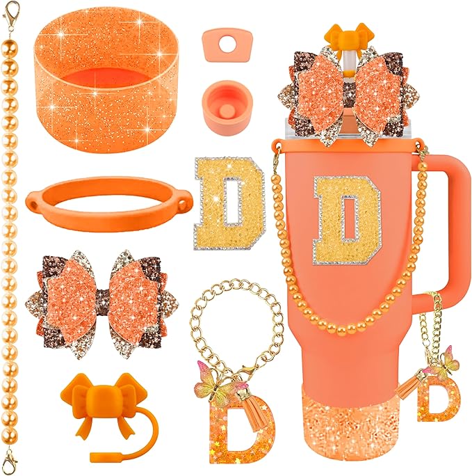 9PCS Orange for Stanley Cup Accessories Set Bling Initials Bow Charms for by Unknown